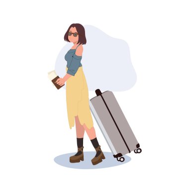 Tatil konsepti. Bavul, Pasaport ve Uçuş Kartıyla Seyahat Eden Kadın.