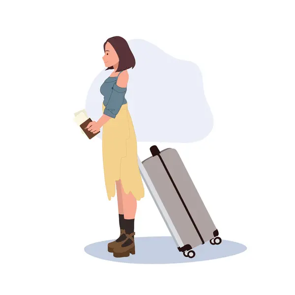 Concepto Vacaciones Mujer Viajera Con Equipaje Pasaporte Tarjeta Embarque — Vector de stock