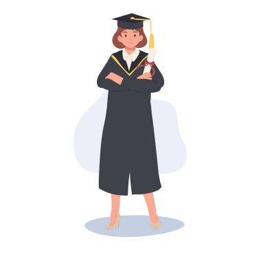Eğitim, mezuniyet ve insanlar konsepti. Cap and Gown 'dan Emin Mezun Ol