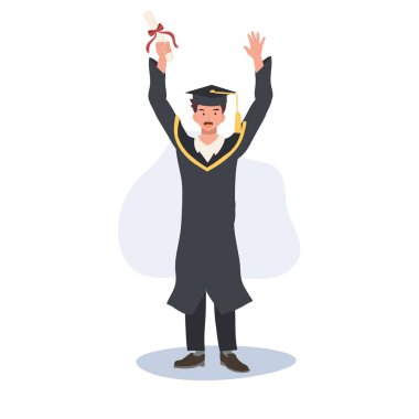 Eğitim, mezuniyet ve insanlar konsepti. Cap ve Gown 'da Gülümseyen Öğrenci. Eğitimde Başarı Kutlaması