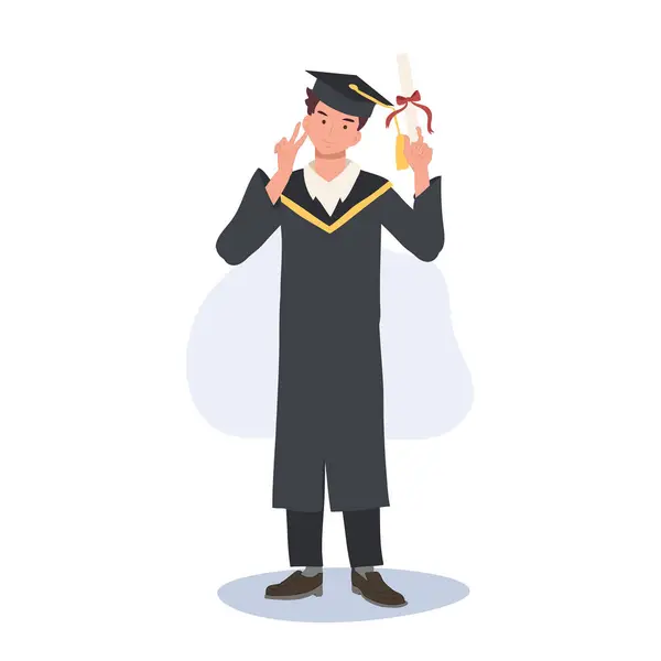 Happy College Student Cap Gown Αποφοίτηση Νεαρός Απόφοιτος Γιορτάζοντας Ακαδημαϊκή — Διανυσματικό Αρχείο