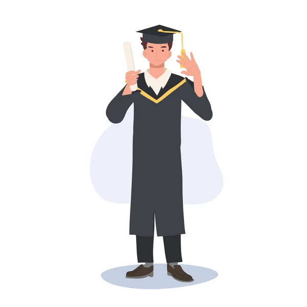 Happy College Student Cap Gown Αποφοίτηση Νεαρός Απόφοιτος Γιορτάζοντας Ακαδημαϊκή — Διανυσματικό Αρχείο