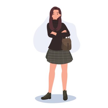 Güzel bir kawaii kızı şık giyinmiş. Sevimli Genç Moda. Kore Biçimli Yapıştırıcı 