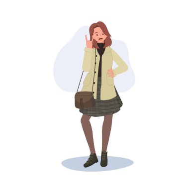 Güzel bir kawaii kızı şık giyinmiş. Sevimli Genç Moda. Kore Biçimli Yapıştırıcı 