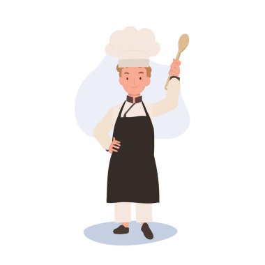 Önlüklü sevimli aşçı çocuk. Spatula ile gülümseyen çocuk aşçı