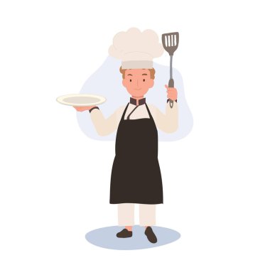Önlüklü Genç Aşçı ve Şapka Servis Tabağı. Düz vektör karikatür çizimi