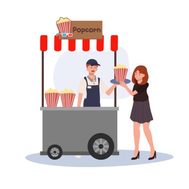 Street Food Vendor.Patlamış mısır büfesi. Satıcı ve Müşteri ile Retro Popcorn Cart