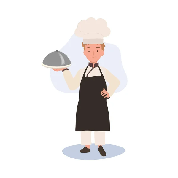 Happy Young Chef Préparation Repas Savoureux Jeune Chef Enfant Servant — Image vectorielle