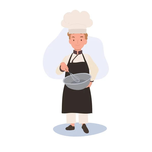 Önlüğü Karıştırma Kasesi Olan Sevimli Bir Aşçı Düz Vektör Karikatür — Stok Vektör