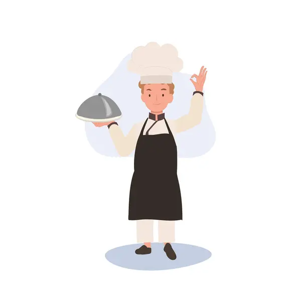 Adorabile Bambino Chef Cappello Chef Fare Segno Della Mano Illustrazione — Vettoriale Stock