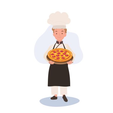 Genç Şef Lezzetli Ev Yapımı Pizza Pişiriyor. Şef şapkalı çocuk aşçı pizza servisi yapıyor.