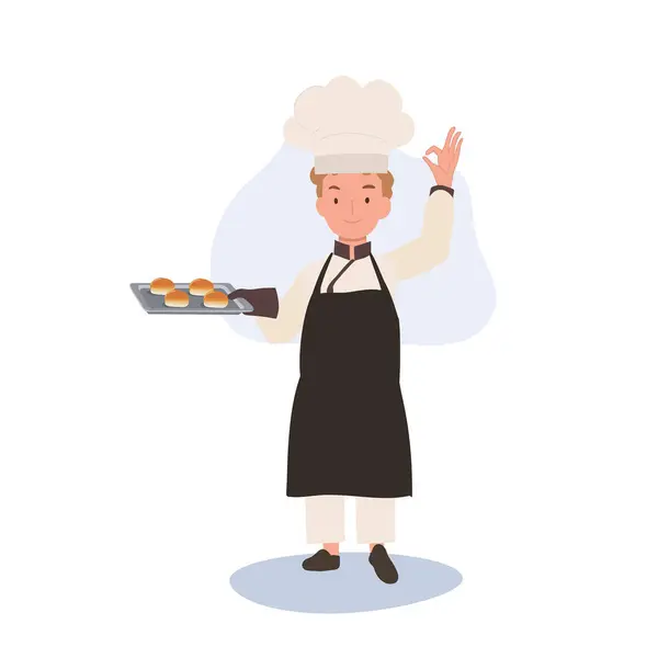 Jeune Chef Montrant Signe Happy Chef Doing Hand Signez Tenez — Image vectorielle