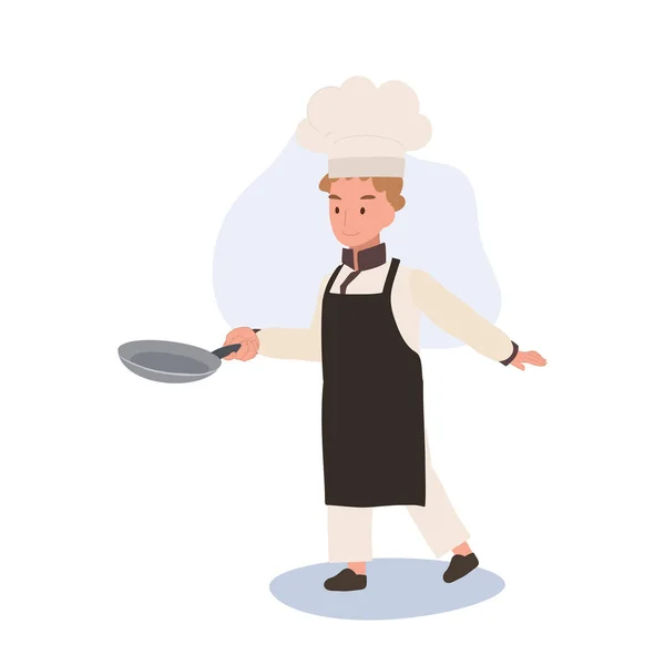 Enfant Chef Prépare Délicieux Repas Chef Cuisinier Enfant Avec Poêle — Image vectorielle