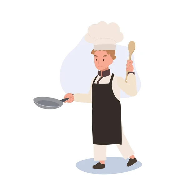 Barnkocken Lagar God Mat Kid Chef Matlagning Med Stekpannan — Stock vektor