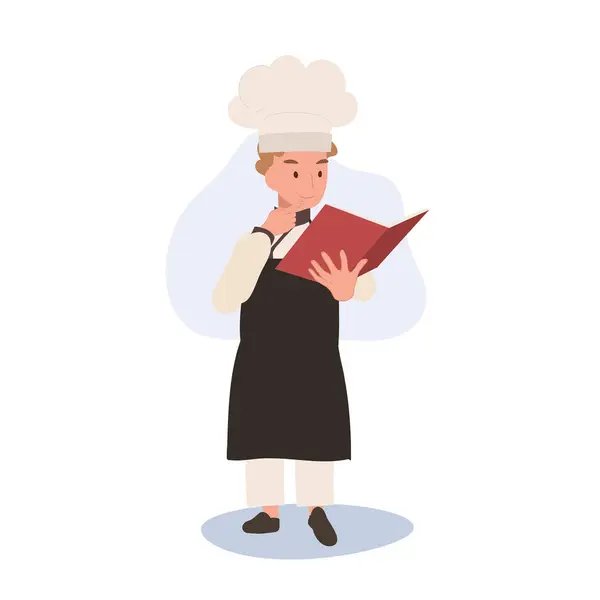 Joven Chef Leyendo Libro Cocina Chef Infantil Aprendiendo Cocinar — Archivo Imágenes Vectoriales