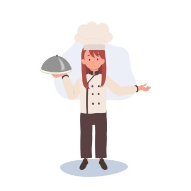 Şefin Üniformalı Şirin Genç Aşçı Hoş Geldiniz Tabelasıyla Gurme Yemekleri veriyor..