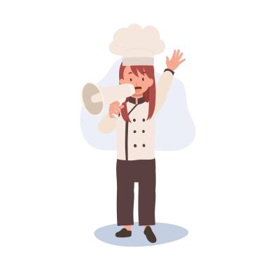 Sevimli çocuk aşçı üniforması içinde Megafonla duyuru yapıyor