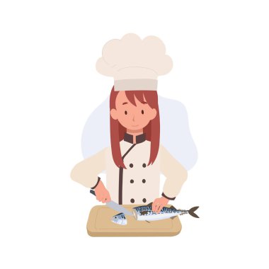 Çocuk Aşçı Uskumru Balığı Hazırlıyor. Sevimli genç şef Mutlulukla Uskumru Balığı Pişiriyor