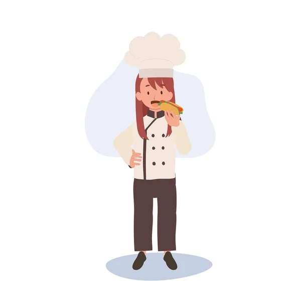 Young Chef Enjoying Tasty Hot Dog Flat Vector Cartoon Illustration — Stock Vector