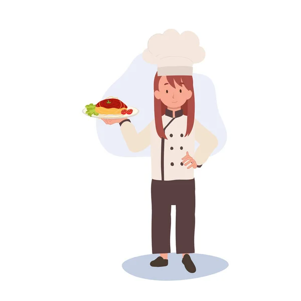 ハッピーチャイルドシェフサービングパスタ シェフの帽子の若いクックは美味しいスパゲッティを準備します — ストックベクタ