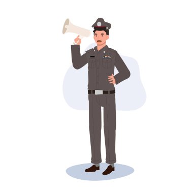 Kanun Uygulama Bildirgesi. Megafonlu mutlu Tayland Polis Memuru