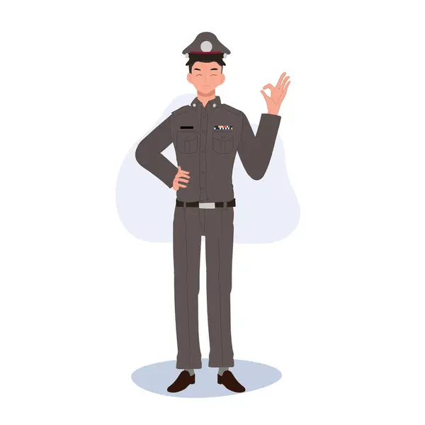 Lachende Thaise Politieagent Uniform Toont Hand Teken Wetshandhavingssymbool Van Goedkeuring — Stockvector