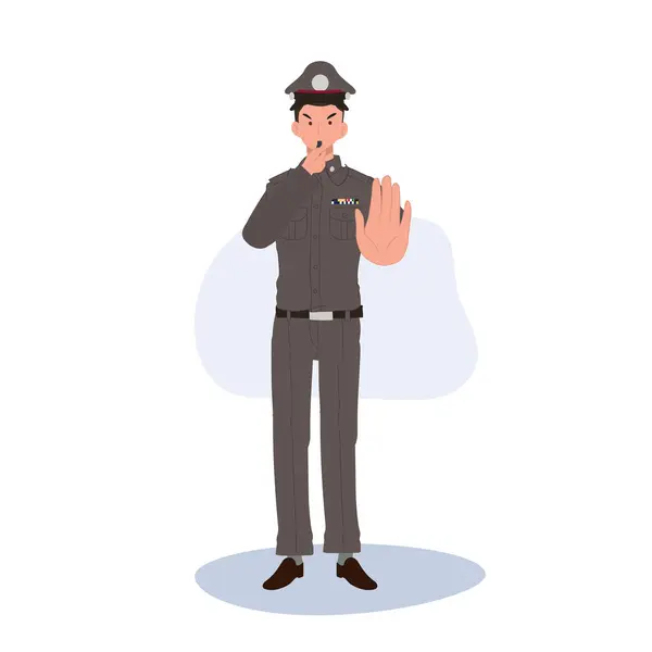 Misdaadpreventie Veiligheidsconcept Thaise Politieagent Uniform Bowling Whistle Doet Stop Hand — Stockvector