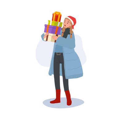 Noel neşesi konsepti. Kış Giysisindeki Mutlu Kadın Hediye Kutularıyla