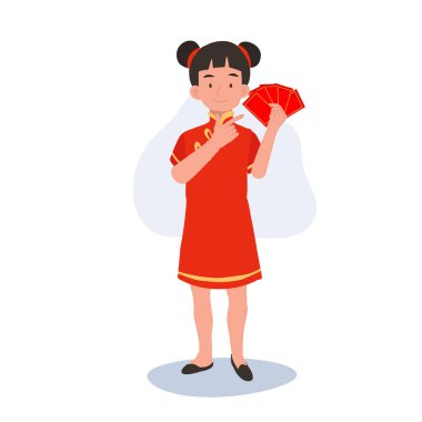 Çin Geleneksel Kostümlü Mutlu Küçük Çocuk Kırmızı Zarfı Gösteriyor, Ay Yeni Yıl Resimleri