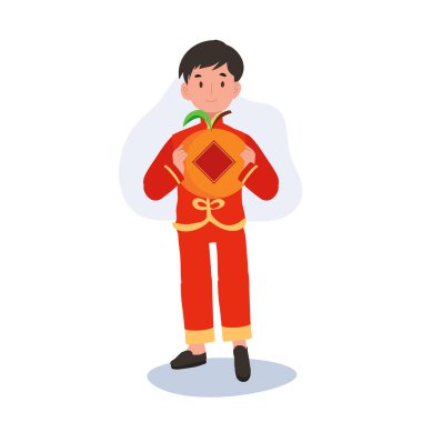 Çin Geleneksel Kostümlü Gülümseyen Çocuk Büyük Turuncu.