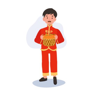 Çin Geleneksel Kostümlü Gülümseyen Çocuk Bir sepet portakalla.