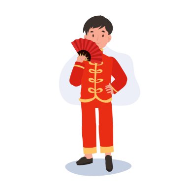  Yelpazeli Geleneksel Çin Kostümlü Gülümseyen Çocuk