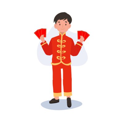 Geleneksel Çin Giysisi Giyen Kırmızı Zarflı Şirin Küçük Çocuk. Mutlu Çin Yeni Yılı.