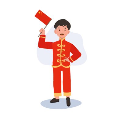 Çin Bayrağıyla Geleneksel Çin Kostümlü Neşeli Çocuk