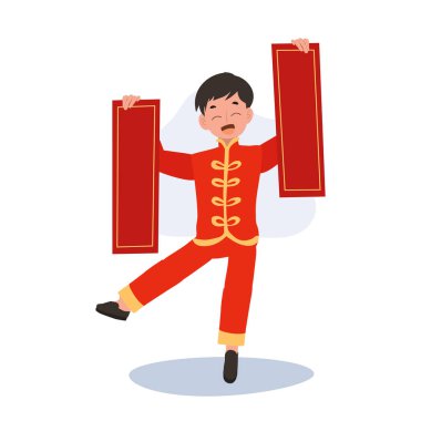 Mutlu Gülümseyen Küçük Çocuk Çin 'de Doğulu Uzun Kırmızı Kağıt Elbise Giyiyor. 