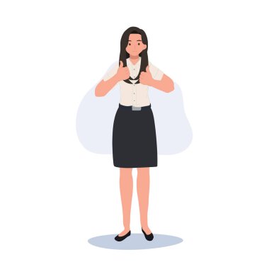 Tayland Üniversitesi Üniformalı Öğrencisi Başparmağını kaldırıyor. Pozitif Hareket 