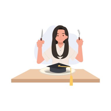 Mezuniyet şapkası, sembolik mezuniyet başarısı yemek için üniformalı Tayland Üniversitesi öğrencisi