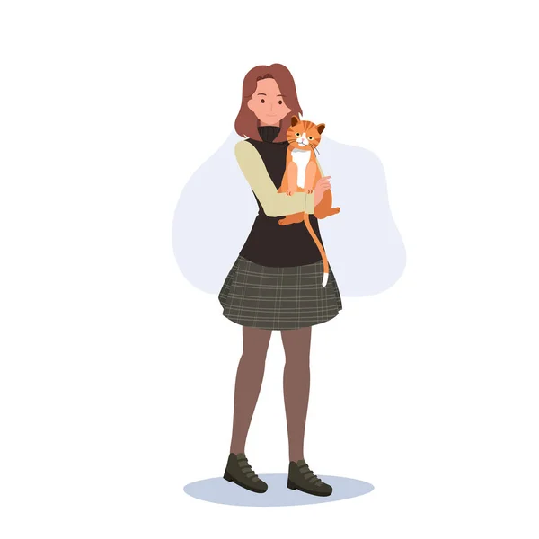 Evlat edinme ve teşvik kavramı. Bir kediyle ilgilenmek. Kedi Evlat Edinen Kadın