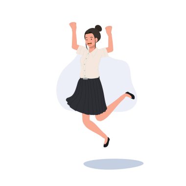  Eğitim ve Mutluluk kavramı. Başarı Kutlaması üniformalı Tayland Üniversitesi öğrencisi. Kampüse atlamak