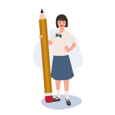 Akademik Başarı ve Neşeli Öğrenme konsepti. Büyük Kalemli Taylandlı Üniformalı Öğrenci