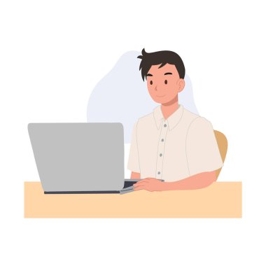 E-Öğrenme Konsepti, Okul Teknolojisi. Taylandlı Üniformalı Öğrenci Laptop Kullanıyor.