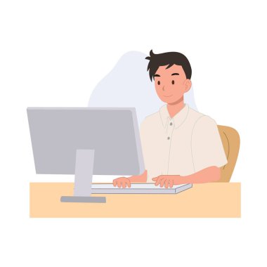 E-Öğrenme Konsepti, Okul Teknolojisi. Taylandlı Üniformalı Öğrenci Bilgisayar Kullanıyor