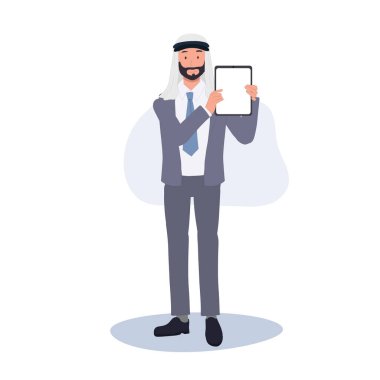 Arap İşadamı Tabletle Sunum Yapıyor. Arap İşadamı Dijital Tablet Stratejisini Tartışıyor