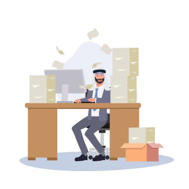 Yorgun düşmüş Arap İşadamı aşırı yoğun bir iş yükü ile Masa 'da çalışıyor