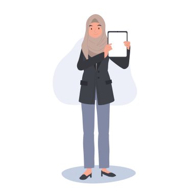  Profesyonel Şirket Teknolojisi konsepti. Tablet İş Sunumu ile İslam İşkadını.