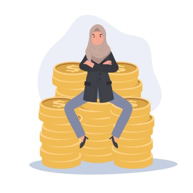 Finans Başarılı Girişimci konsepti. Müslüman İş Kadını Para Yığının Üzerinde Oturuyor