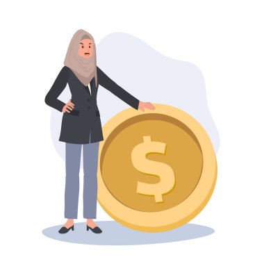  Mali Başarı ve Liderlik kavramı. Müslüman İş Kadını Büyük Altın Paranın Yanında Duruyor 