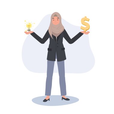 Finans ve İş Konseptinde İnovasyon. Her iki elinde de para ve fikir tutan Müslüman İş Kadını.