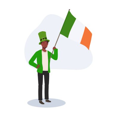 Aziz Patrick Günü Kutlaması. Yeşil Giysili İrlanda Bayrağıyla Neşeli Adam.