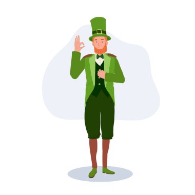 Aziz Patrick Günü Kutlaması. Leprikon kostümlü adam iyi el işareti yapıyor..